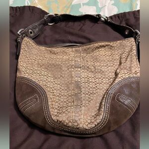 Vintage Coach 2158 Brown Signature Logo Suede Leather Hobo Shoulder